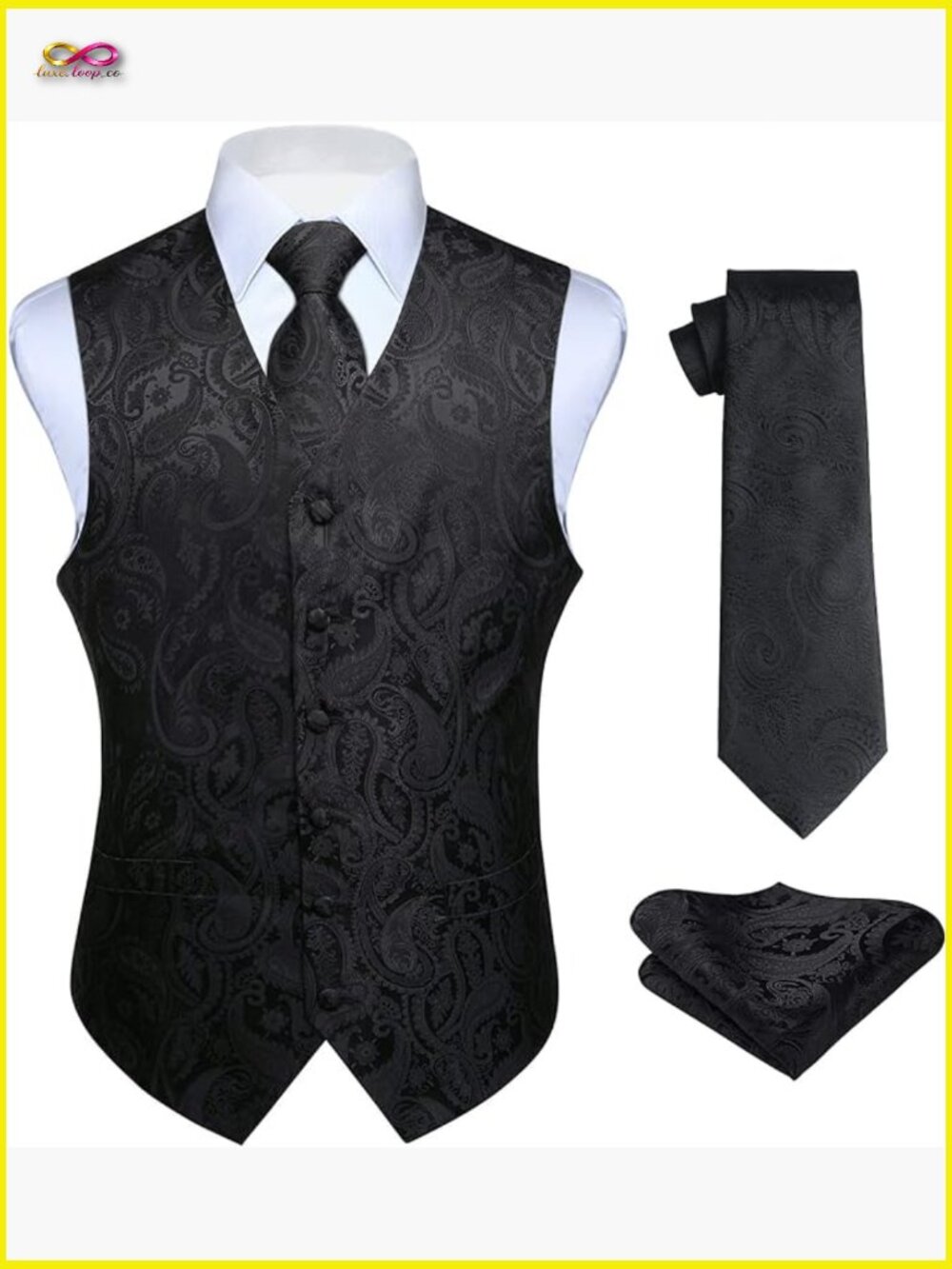 Men's Formal Vest Set Paisley Jacquard Tie Pocket Square Wedding Party